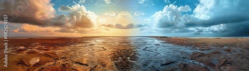 Dramatic sky with contrasting light and dark clouds over a water surface.