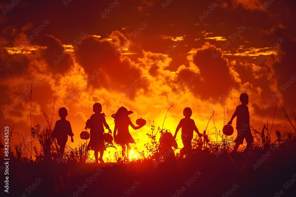 Fototapeta premium Children carrying pumpkins, silhouetted against a dramatic sunset.