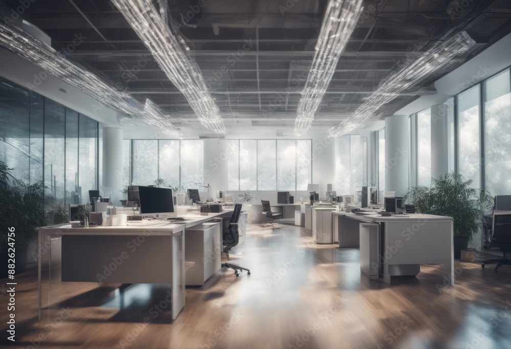 Obraz premium room interior window space desktop computer modern nobody furniture white light corporate empty ai floor chair contemporary building design decor business work technology armchair desk place of