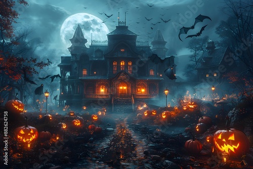 Spooky haunted mansion with glowing jack-o'-lanterns and bats flying under a full moon