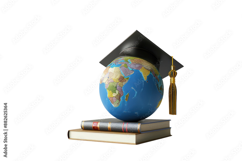 A globe sits on top of a stack of books with a graduation cap on top ...