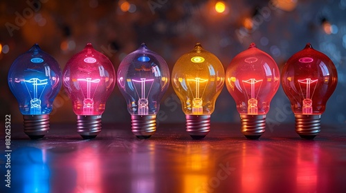  a row of colorful light bulbs sitting on top of a table. photo