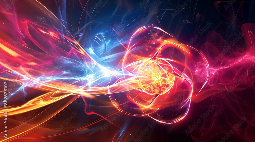 Obraz premium Two atoms colliding with vibrant energy trails and particles scattering