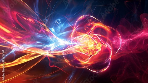 Two atoms colliding with vibrant energy trails and particles scattering