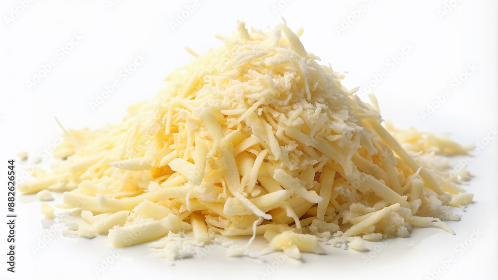 Freshly grated white cheese scattered evenly on a clean isolated white background, perfect for culinary and food-related compositions and designs. Freshly grated white cheese scattered evenly on a clean isolated white background, perfect for culinary and food-related compositions and designs.