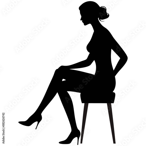 Silhouette of a woman sitting on a chair, one leg crossed over the other, side view