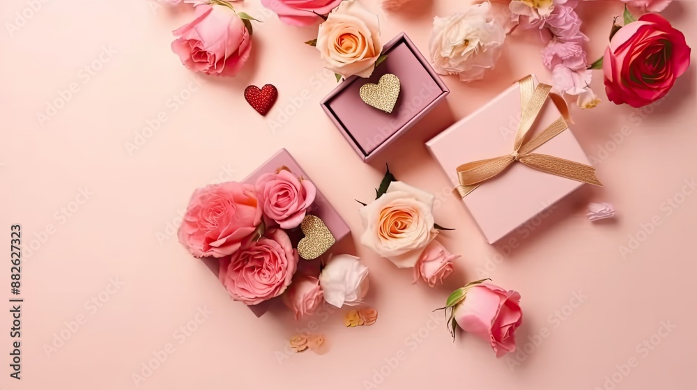 Top View of Valentine day banner design of a collection of Gift box and pink flowers on pink pastel background Top View of Valentine day banner design of a collection of Gift box and pink flowers on pink pastel background
