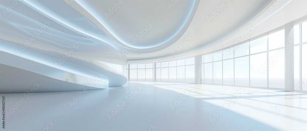 Fototapeta premium White empty futuristic room with blue light and ceiling, white background, curved lines, smooth curves, white interior design, large panoramic windows