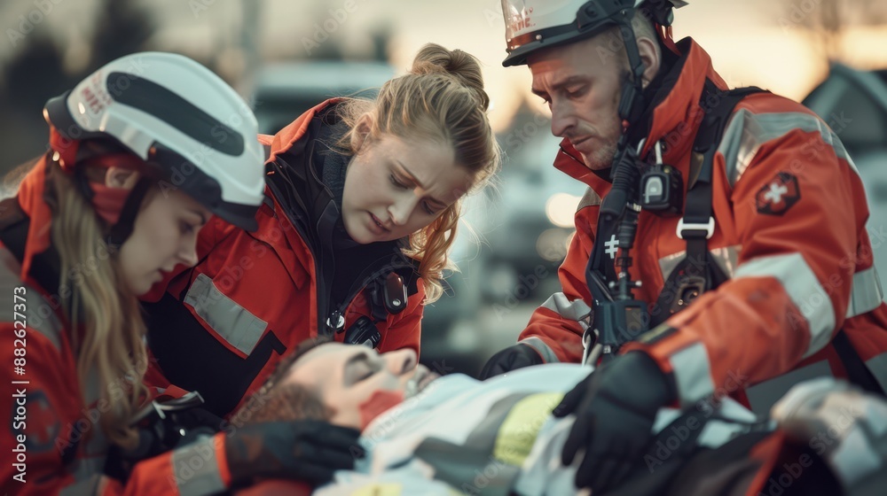 A group of emergency workers are tending to a man who is laying on the ground A group of emergency workers are tending to a man who is laying on the ground