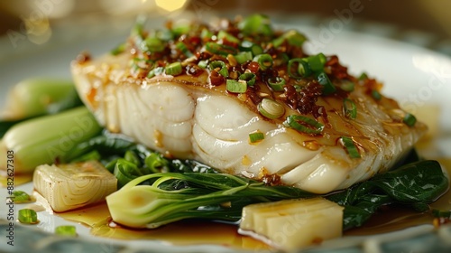 Detailed shot of steamed fish fillet with ginger and scallions, drizzled with hot oil and soy sauce, served on a bed of steamed bok choy, capturing the simplicity and freshness of Cantonese seafood photo