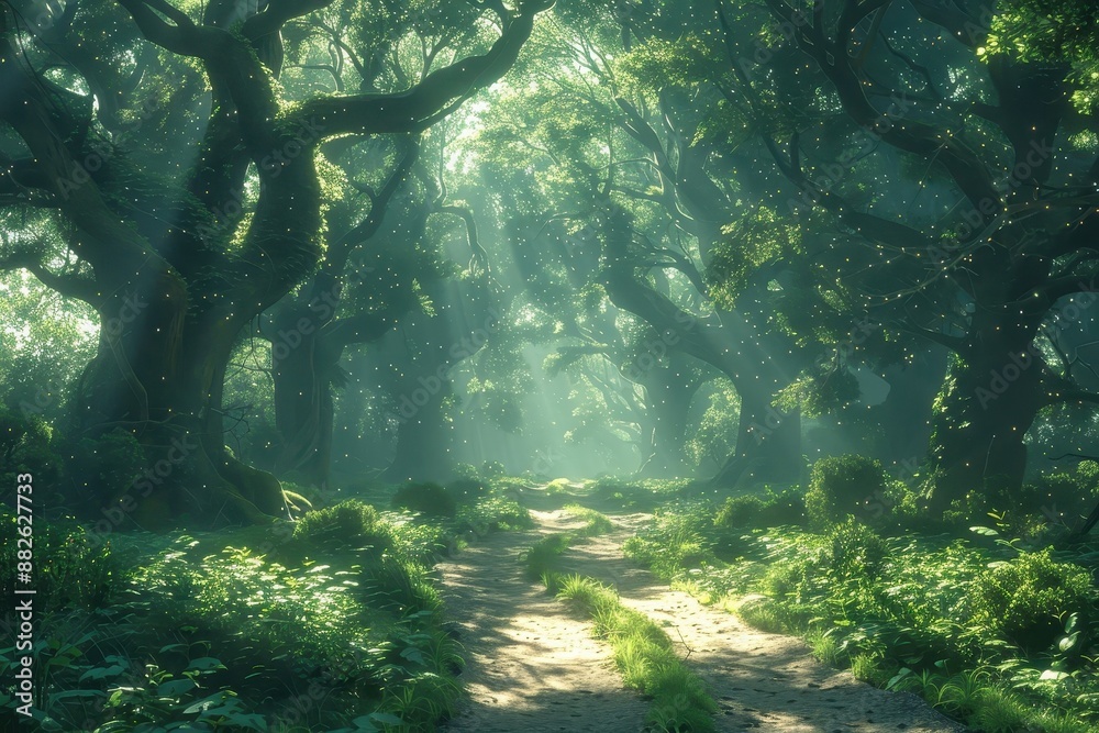 Mystical forest shrouded in mist with ancient trees. Mystical forest shrouded in mist with ancient trees.