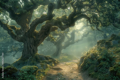 Mystical forest shrouded in mist with ancient trees. photo