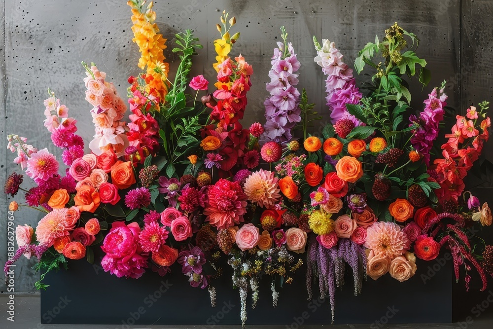 Fototapeta premium A stunning velvet podium adorned with a cascading waterfall of fresh flowers.