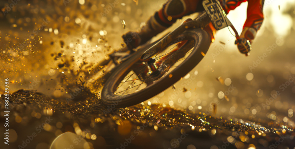 Fototapeta premium Bmx motocross. Close-up of a man riding a bmx bike on a dirt road, with mud splattering around him. The moment of the fall is captured