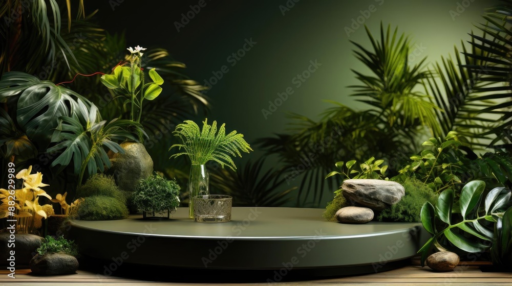 podium product stand or display with leaf, green background and cinematic light podium product stand or display with leaf, green background and cinematic light