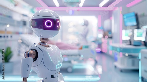 Robotic nurse assisting patient care, neon purple, sci-fi, detailed, futuristic hospital room photo