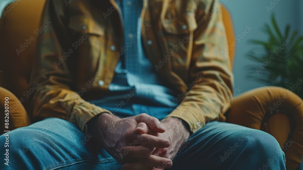 A man is sitting in a yellow chair with his hands clasped A man is sitting in a yellow chair with his hands clasped