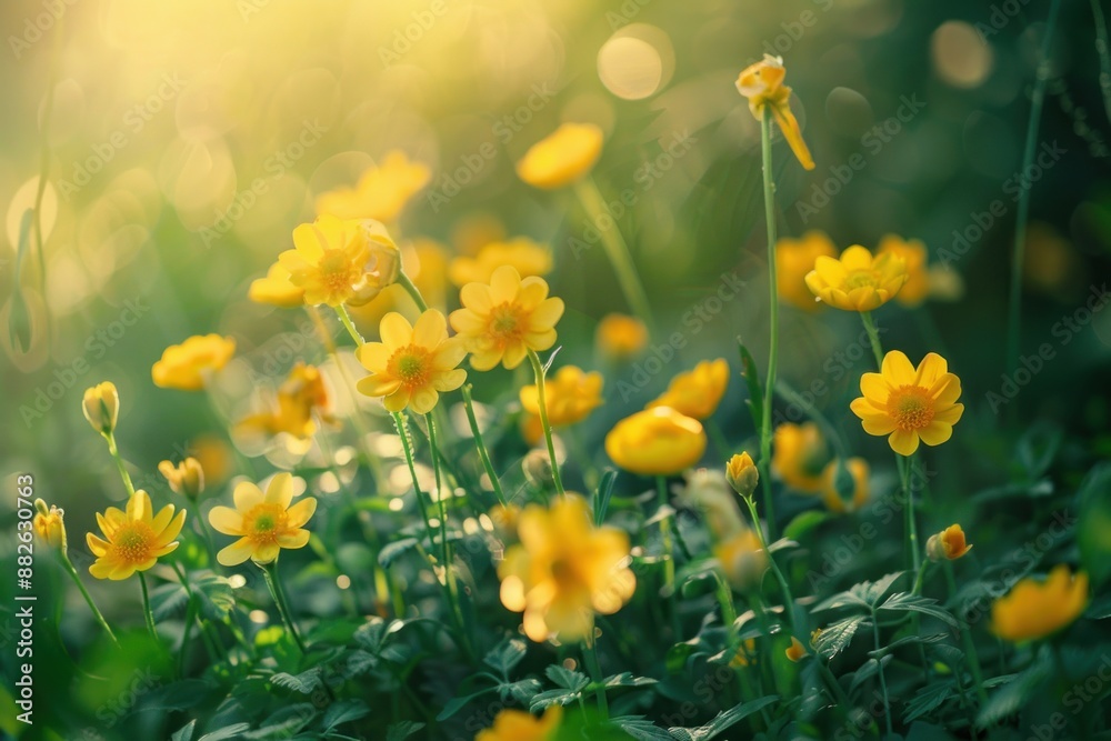 Fototapeta premium A field of yellow flowers with a bright sun shining on them