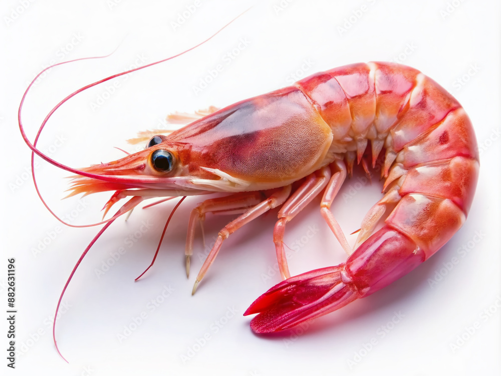 Vibrant pink shrimp with delicate antennae and tail, freshly harvested, glistens on a clean white background, showcasing its tender flesh and intricate details. Vibrant pink shrimp with delicate antennae and tail, freshly harvested, glistens on a clean white background, showcasing its tender flesh and intricate details.