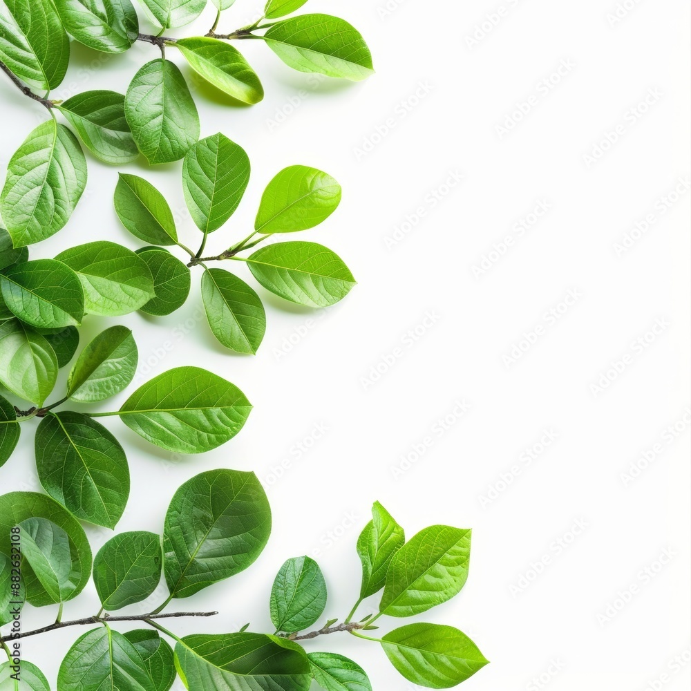 Fototapeta premium Green leaves arranged on a white background, creating a natural border. Perfect for spring or summer designs.