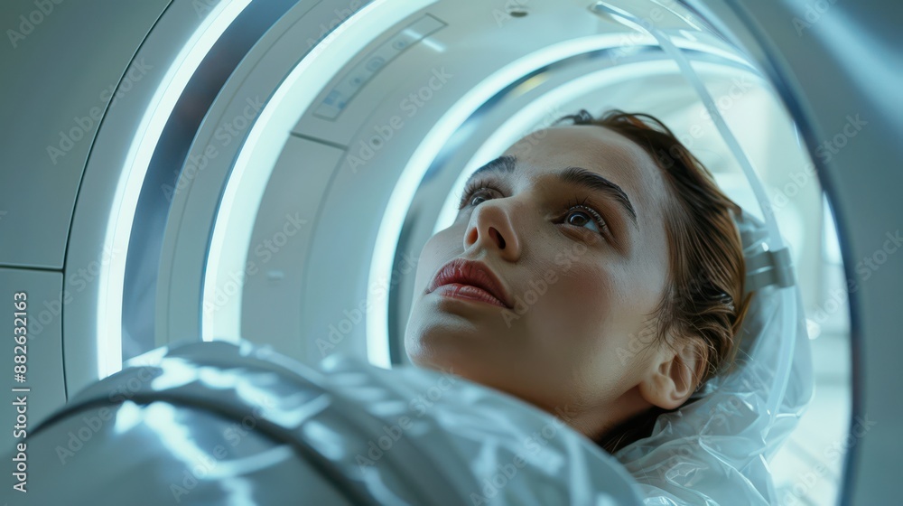 A woman is lying in a machine with her head tilted back
