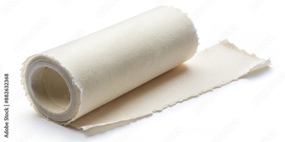 Fototapeta premium Isolated white adhesive roll with torn edge lying horizontally on a clean white background, providing a neutral and minimalist composition.