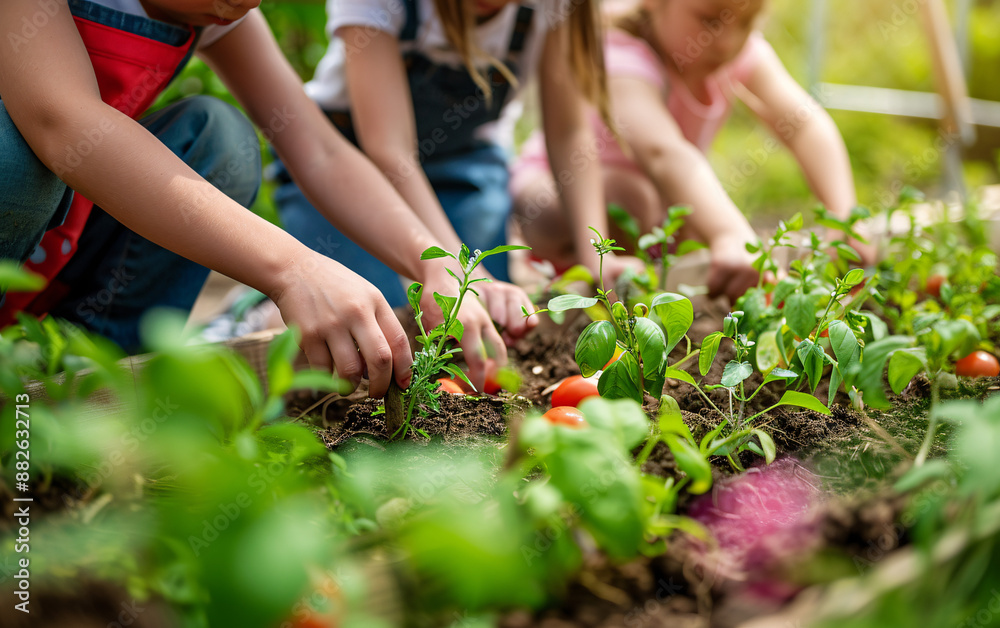Fototapeta premium Children at school taking care of the plants in the garden as a part of their learning and education.