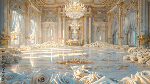 Gilded ballroom with crystal chandeliers and marble floor photo