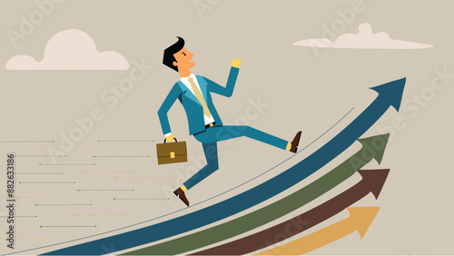 Career decision: choosing direction for future opportunities. Different paths to success—decide or progress for career growth. Businessman running to arrows.