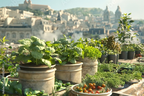 A rooftop garden in a busy city, with plants growing in recycled containers