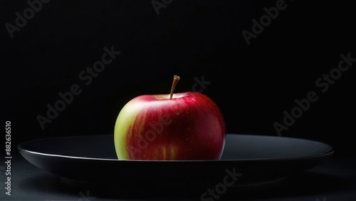 a red apple sitting on a black plate on a table