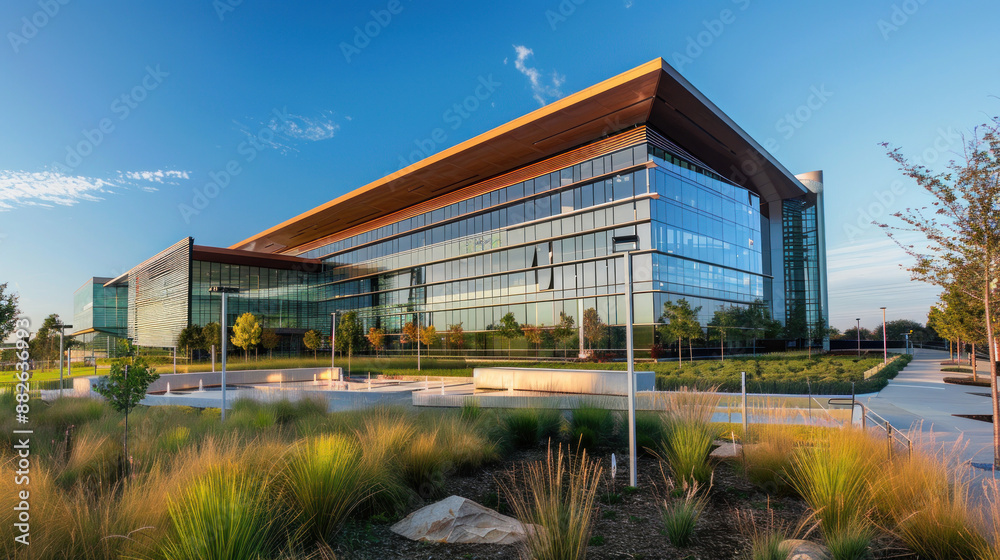 Fototapeta premium Modern office building with landscaped grounds.