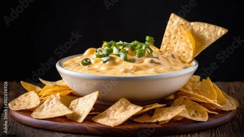 araffy bowl of cheese dip with tortilla chips on a wooden board