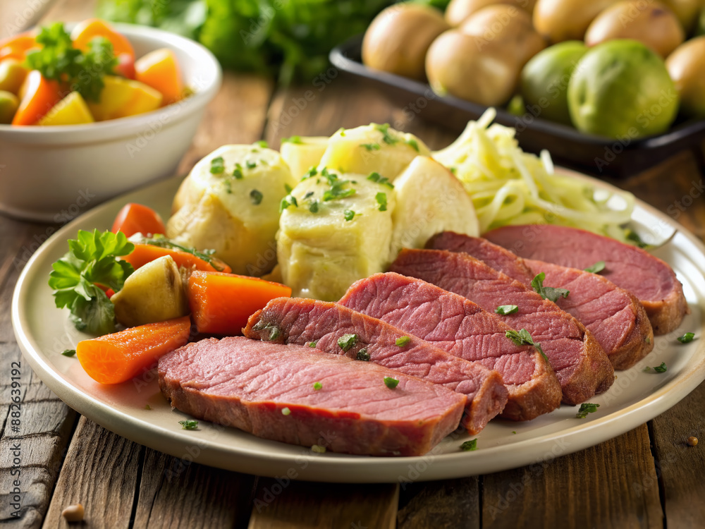 Hearty Irish dinner features tender sliced corned beef paired with boiled cabbage and fluffy potatoes, arranged artfully on a crisp white plate. Hearty Irish dinner features tender sliced corned beef paired with boiled cabbage and fluffy potatoes, arranged artfully on a crisp white plate.