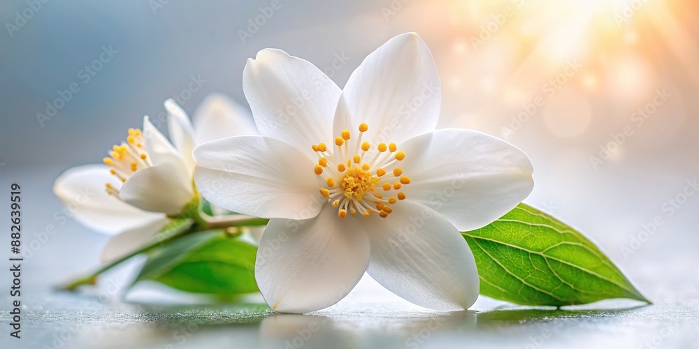 Obraz premium Delicate white jasmine flower with yellow center isolated on soft studio background, showcasing intricate details and gentle curves of its fragrant blooms.