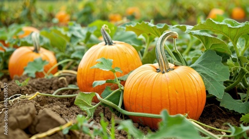 Bright orange pumpkins growing on a vine in a lush green pumpkin patch, ready for harvest, showcasing autumn agricultural abundance.