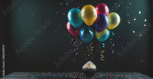 Colorful Birthday Background Display: A Festive Arrangement of Balloons and Shimmering Confetti to Enhance the Celebration
