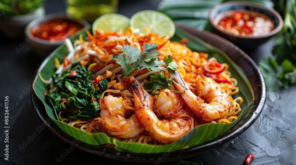 Macro shot of Pad Thai noodles stir-fried with prawns, showcasing the succulent shrimp, fresh vegetables, and aromatic herbs, served on a lotus leaf with a side of chili sauce, highlighting the Macro shot of Pad Thai noodles stir-fried with prawns, showcasing the succulent shrimp, fresh vegetables, and aromatic herbs, served on a lotus leaf with a side of chili sauce, highlighting the