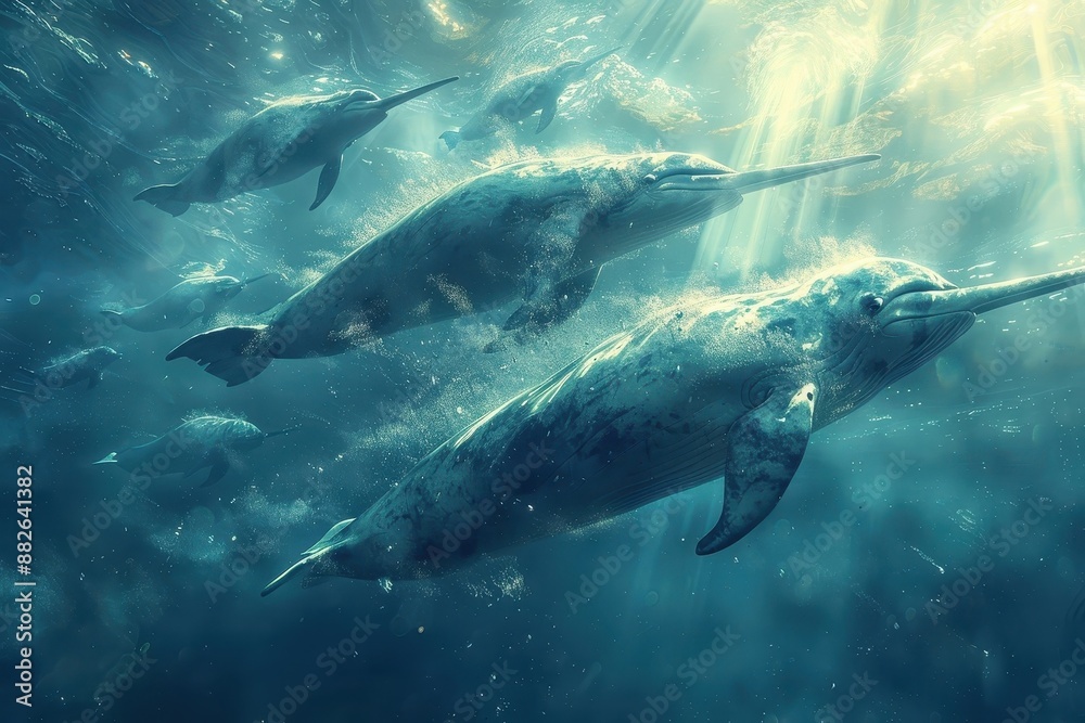 Fototapeta premium Narwhals swimming in the Arctic Ocean.