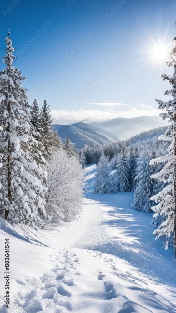 snowy path in the mountains with trees and sun shining snowy path in the mountains with trees and sun shining