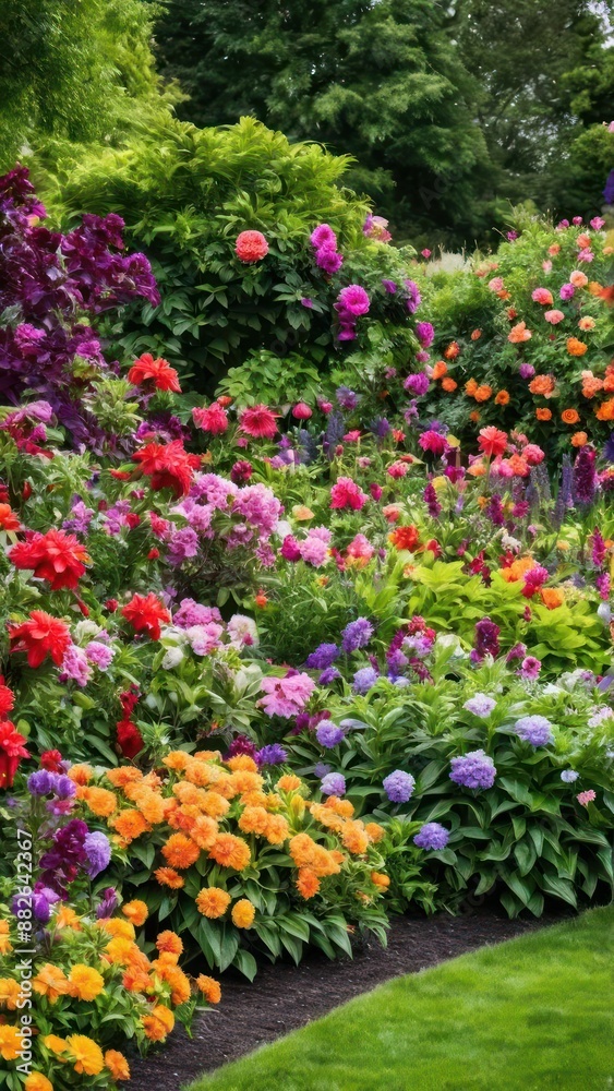 brightly colored flowers in a garden with a bench in the middle brightly colored flowers in a garden with a bench in the middle