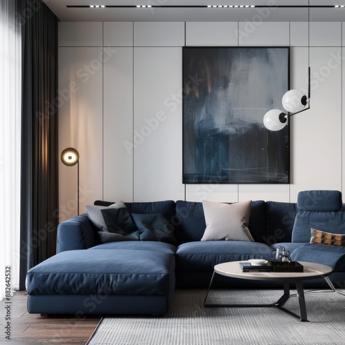 Dark blue sofa and chaise longue in scandinavian apartment. Modern living room interior design. Use generative shaping to promote artistic aesthetics, interior design, marketing background, book editi photo