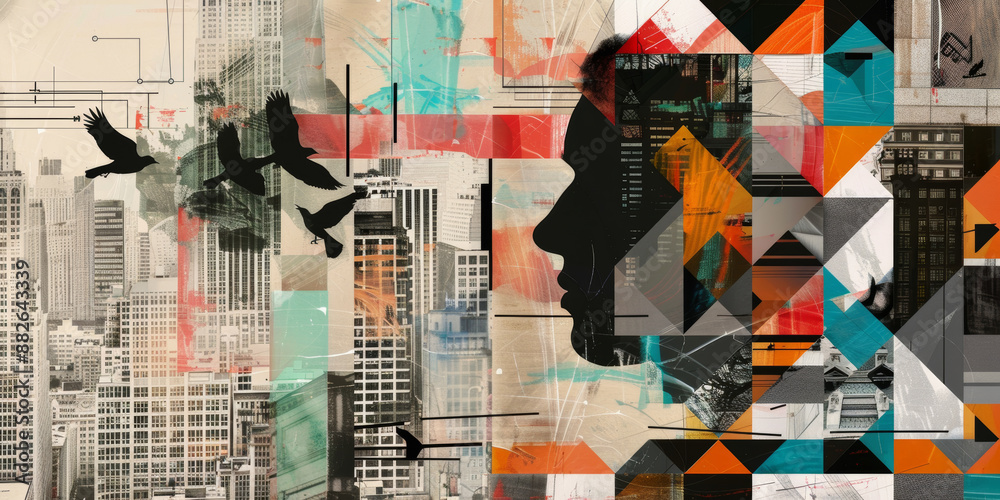 Fototapeta premium Abstract Urban Collage with Silhouettes and Geometric Patterns in Vibrant Colors