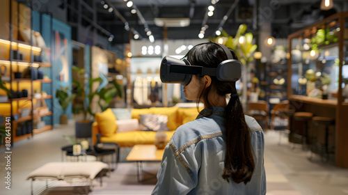 Individual test driving a virtual reality headset in a spacious, technology-filled showroom filled with possibilities. © Szalai