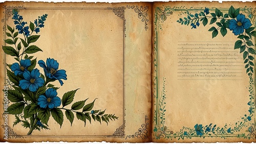 Aged parchment paper with frame of flowers. Scrapbook, fairytale, AI generative, illustration photo