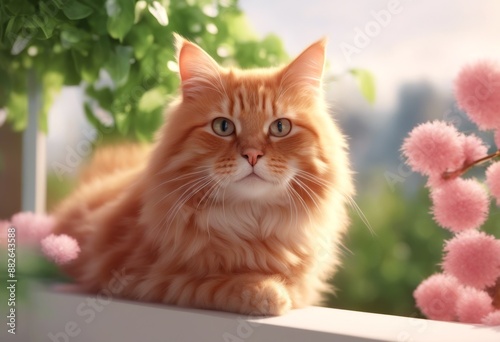 red enjoys green bubbles cute render magic lies orange nature frame balcony days olated kawaii spring 3d air backdrop colorful bushes leaves cat fly fluffy white garden floating pink