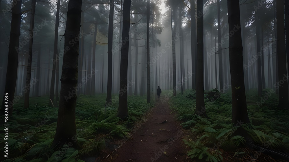 Fototapeta premium Drone footage of woman in Black raincoat in wet forest 