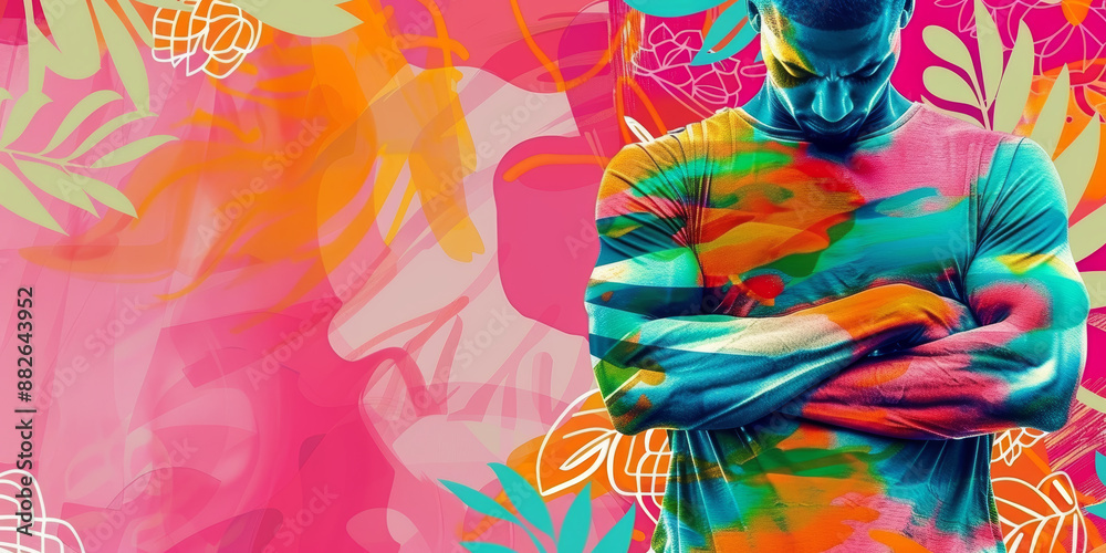 Vibrant Abstract Art with Pensive Man in Colorful Background Vibrant Abstract Art with Pensive Man in Colorful Background