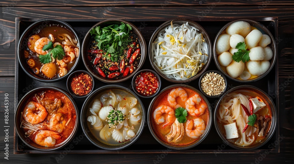 Overhead shot of a serving tray with individual bowls of Tom Yum Goong, each featuring a different variation such as seafood, chicken, and vegetarian options, accompanied by Thai condiments like Overhead shot of a serving tray with individual bowls of Tom Yum Goong, each featuring a different variation such as seafood, chicken, and vegetarian options, accompanied by Thai condiments like