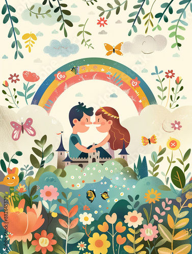 Cartoon Friends on a Blossoming Mountaintop, Enjoying a Moment of Joy with a Rainbow and Medieval Castle, Flat Illustration